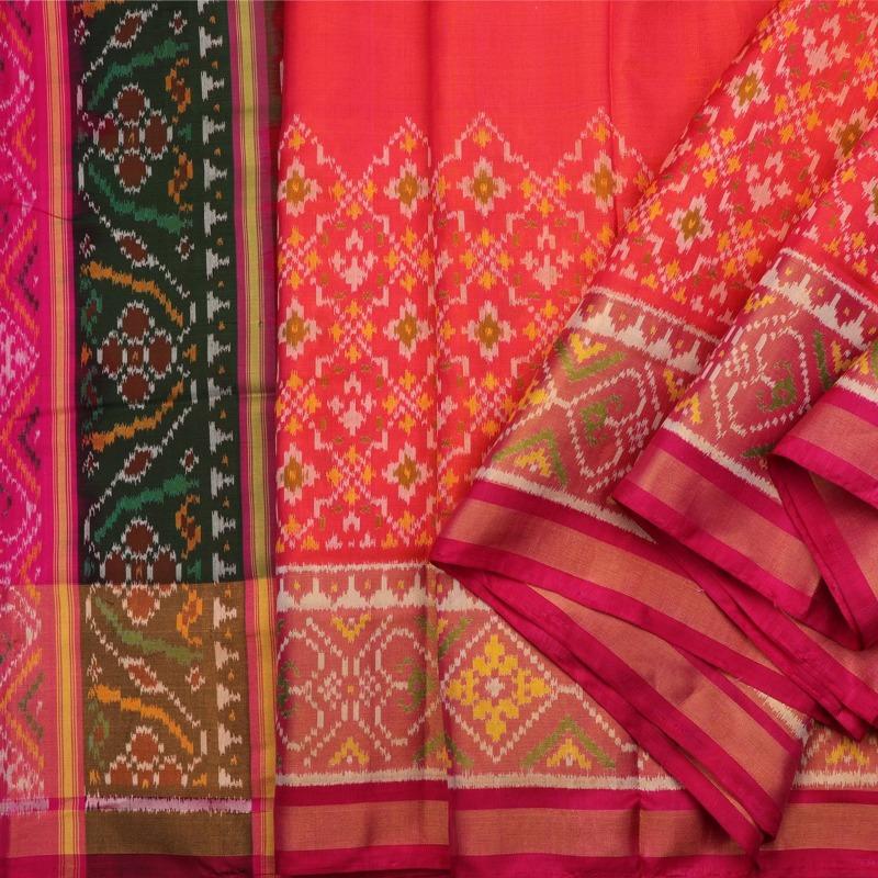 Handwoven Coral Pink Patola Double Ikat Silk Sari - WIIPATANARIDNAM2980219A - Cover View