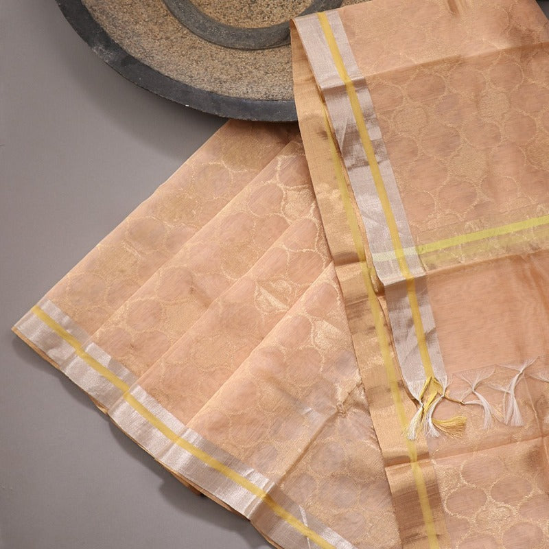 Handwoven Peach Silk Cotton Chanderi Dupatta - WIIAPRI CFJD 001 - Design View