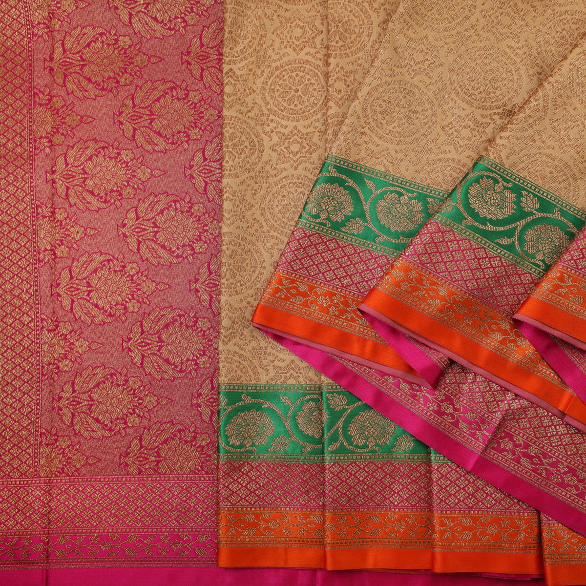 Handwoven Ecru and Pink Banarasi Silk Sari - WIISHNIKARIDNAM030 - Cover View