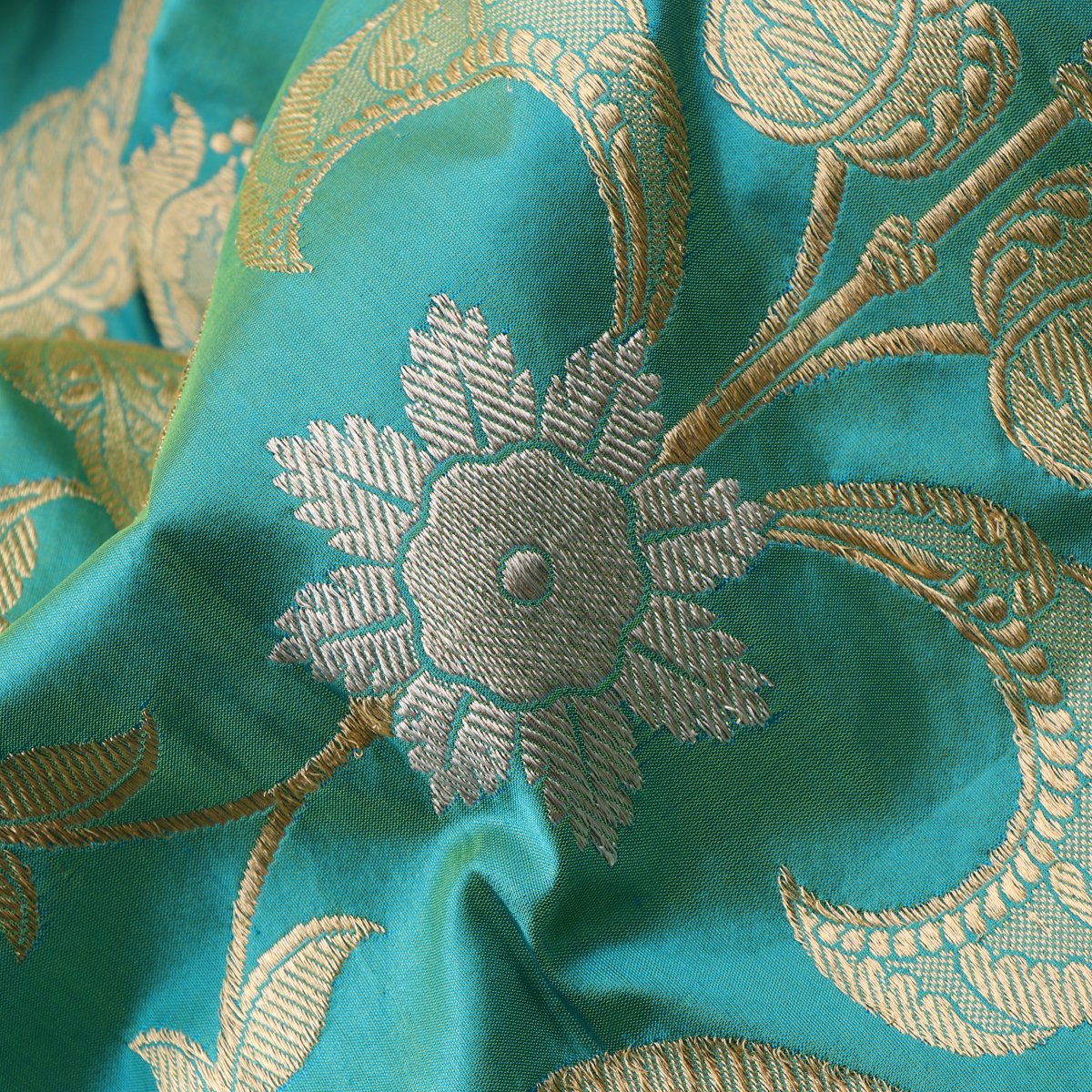 Handwoven Blue-Green Shaded Banarasi Sari - WIIBT0086 - Fabric View