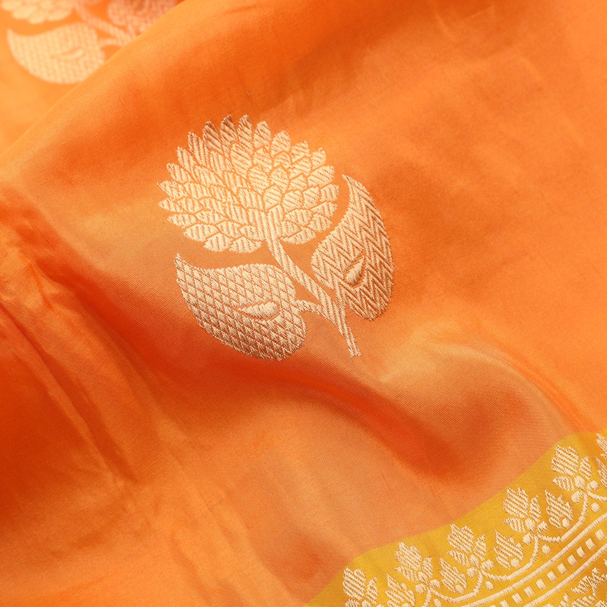 Handwoven Carrot Orange Banarasi Katan Tissue Silk Sari - WIIBT0083 - Fabric View