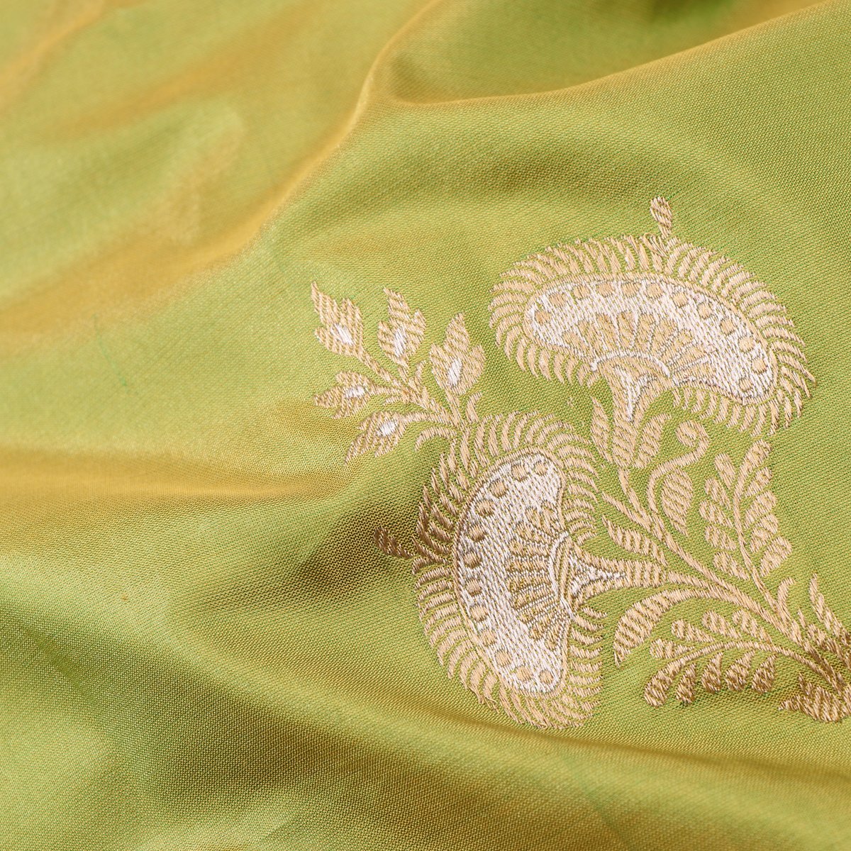 Handwoven Parrot Green Banarasi Silk Sari - WIIBT0090 - Fabric View