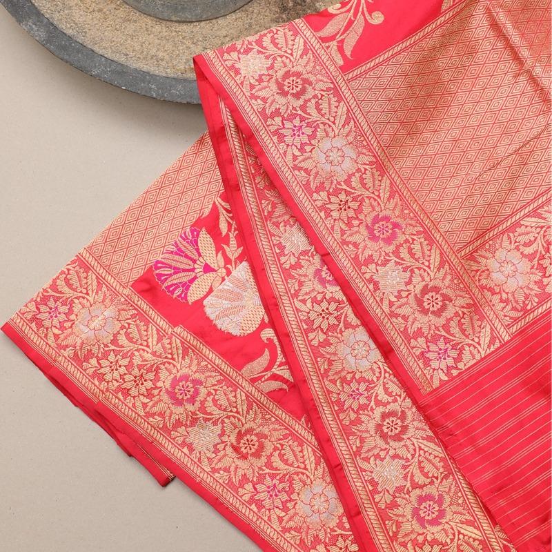 Coral Pink Floral Banarasi Silk Dupatta - WeaveinIndia