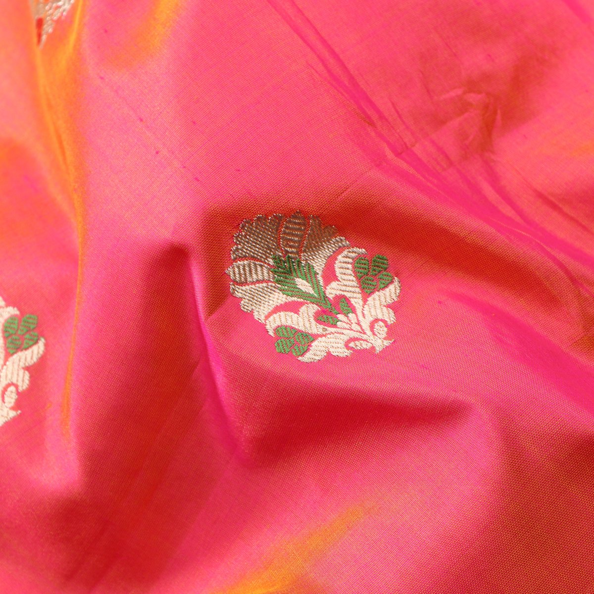 Handwoven Bright Pink Banarasi Silk Sari - WIIBT0051 - Fabric View