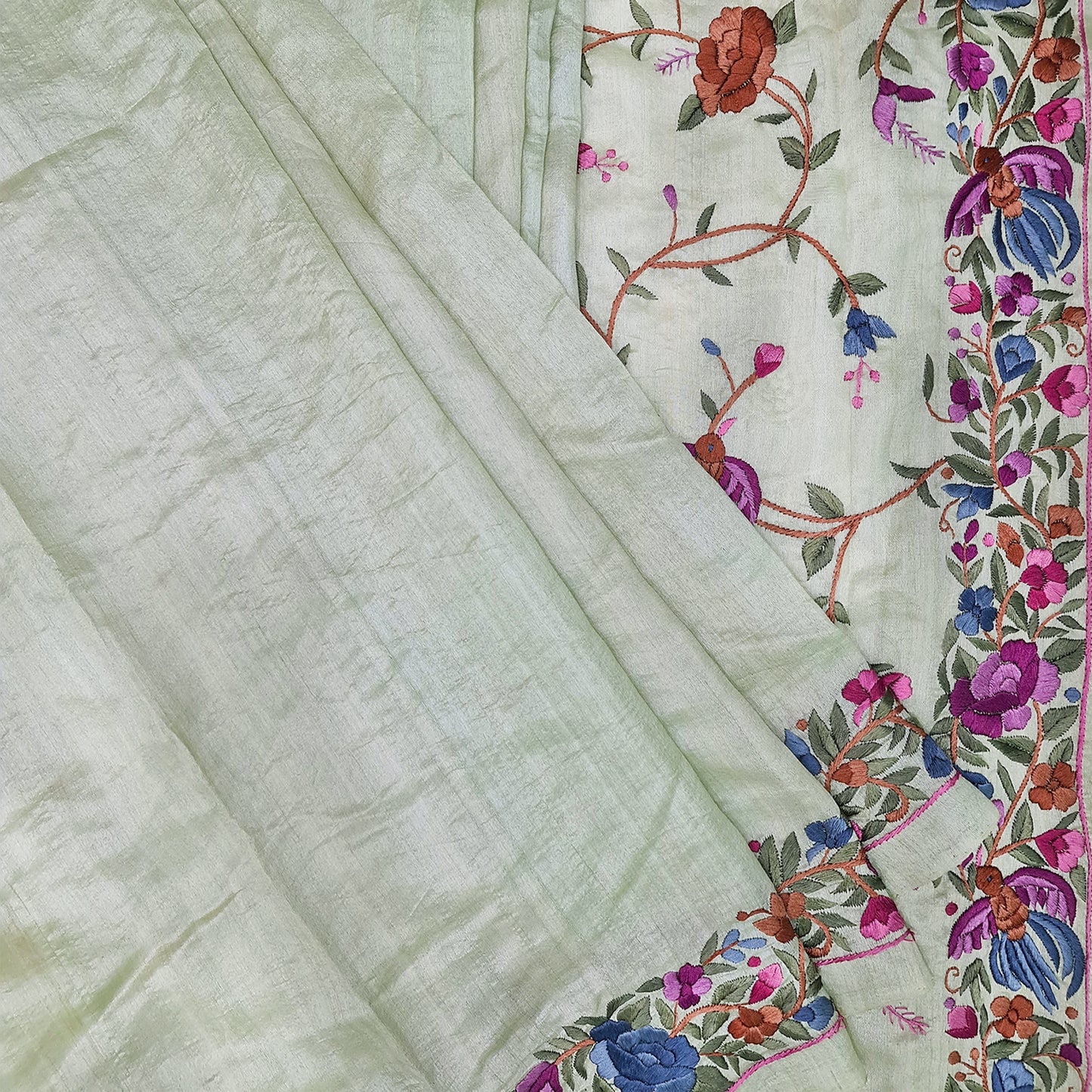 Mint Green Hand Embroidered Parsigara Saree - Pre Order