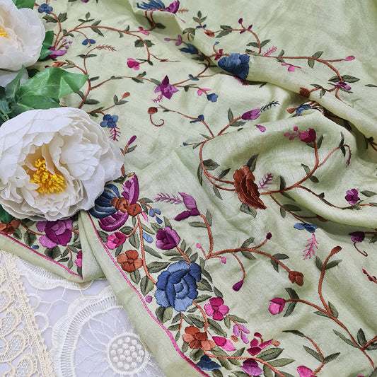Mint Green Hand Embroidered Parsigara Saree - Pre Order