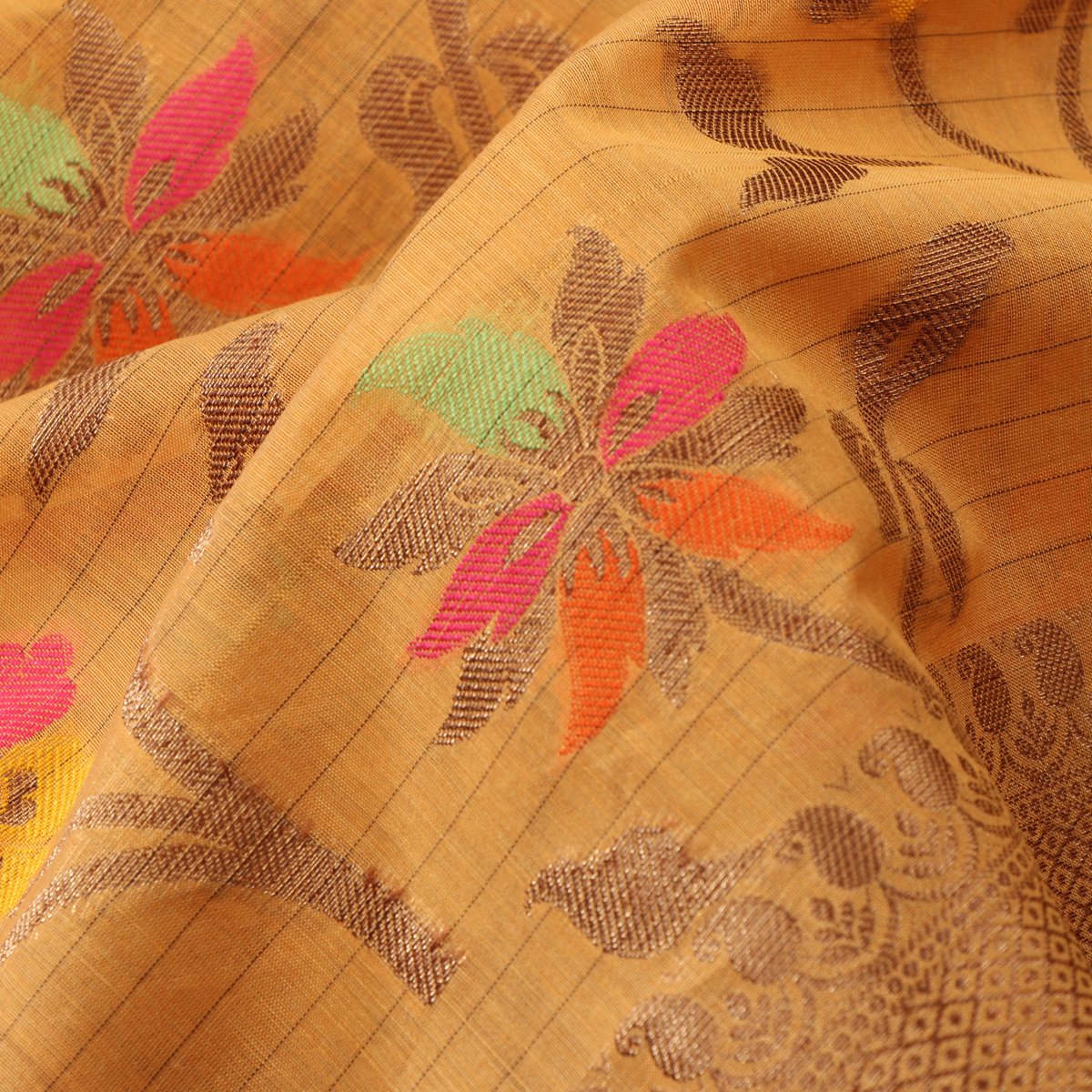 Handwoven Mango Yellow Silk Cotton Chanderi Sari - WIISHNIKARIDNAM0101-5 - Fabric view