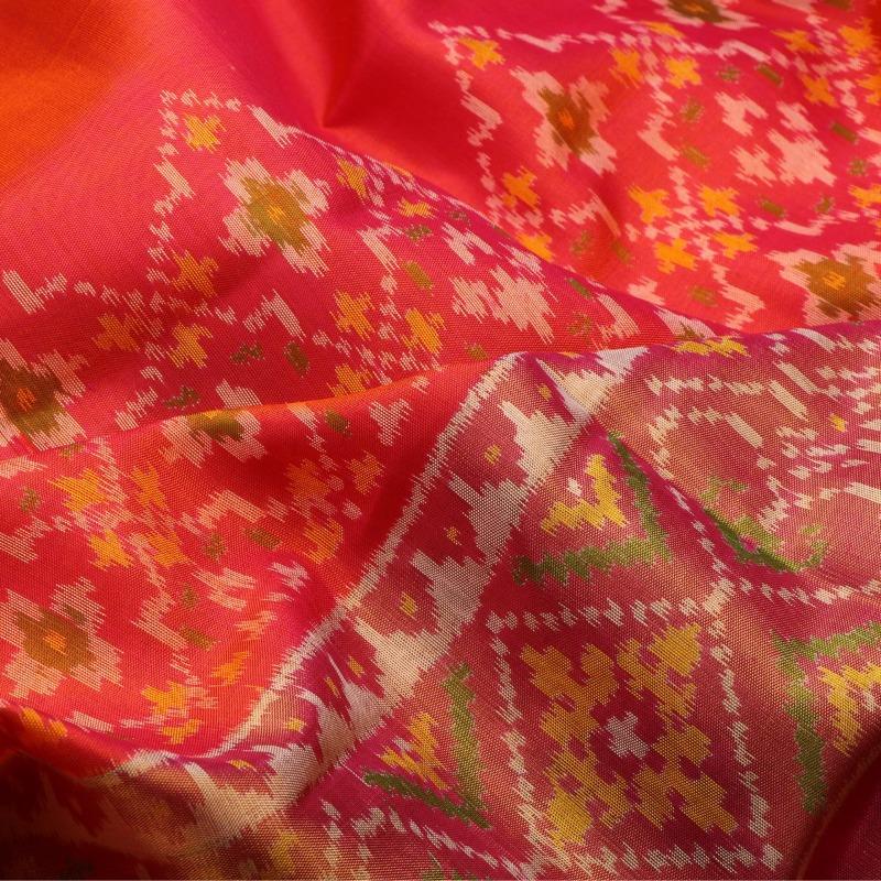 Handwoven Coral Pink Patola Double Ikat Silk Sari - WIIPATANARIDNAM2980219A - Fabric View