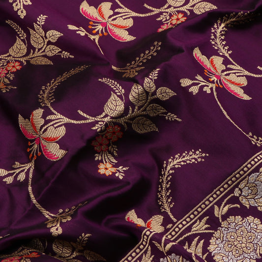 Handwoven Burgundy Banarasi Silk Sari - WIIKBDA0003 - Fabric View