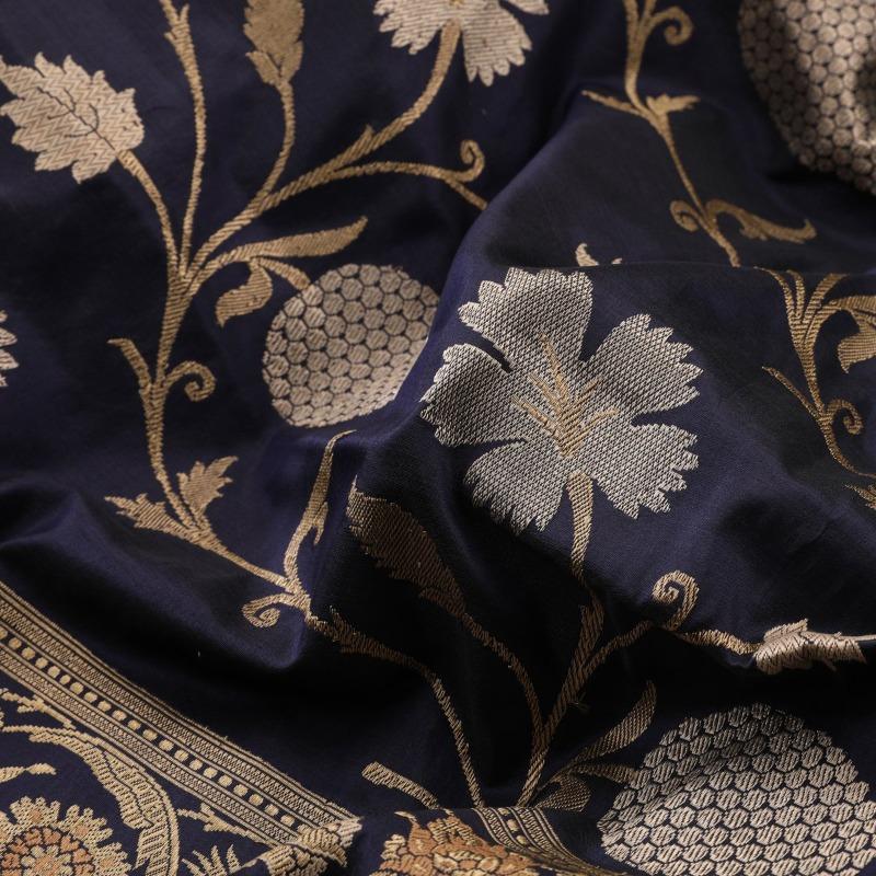 Handwoven Indigo Banarasi Silk Sari - WIIBT0100 - Fabric View