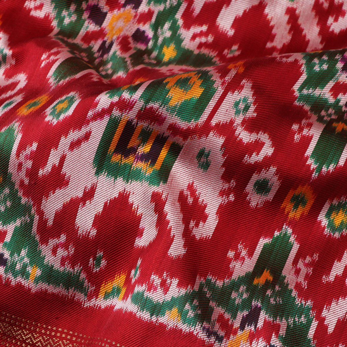 Handwoven Vermilion Red Single Ikat Twill Silk Sari With Kanjivaram Border-WIIGS033 - Fabric View