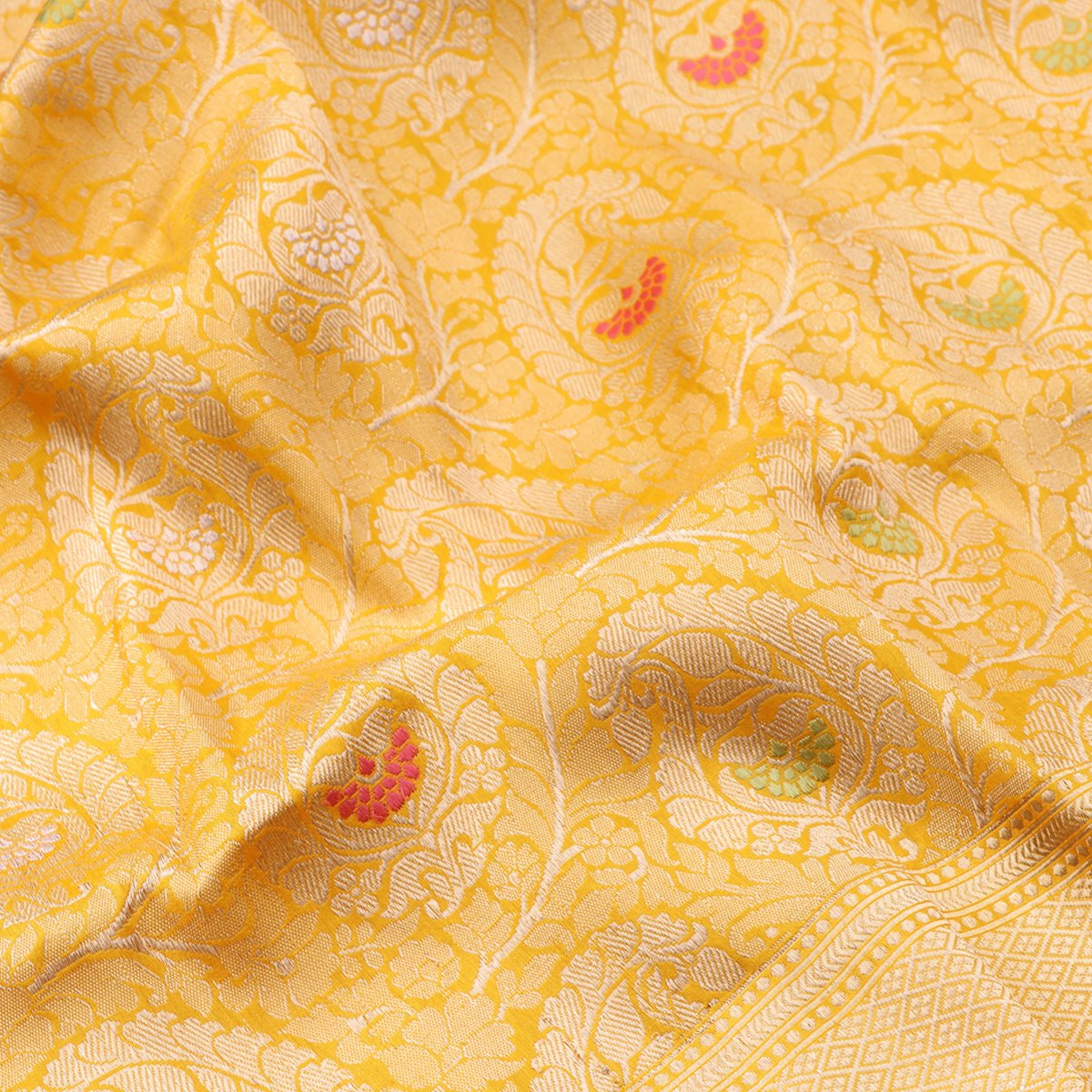 Handwoven Sunshine Yellow Banarasi Silk Sari - WIIRJ101 - Fabric View