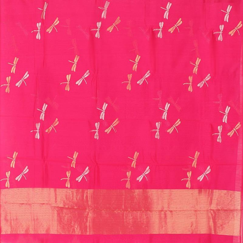 HANDWOVEN FUCHSIA PINK CHANDERI SILK SARI-WIIAPRICWDS01- Full View