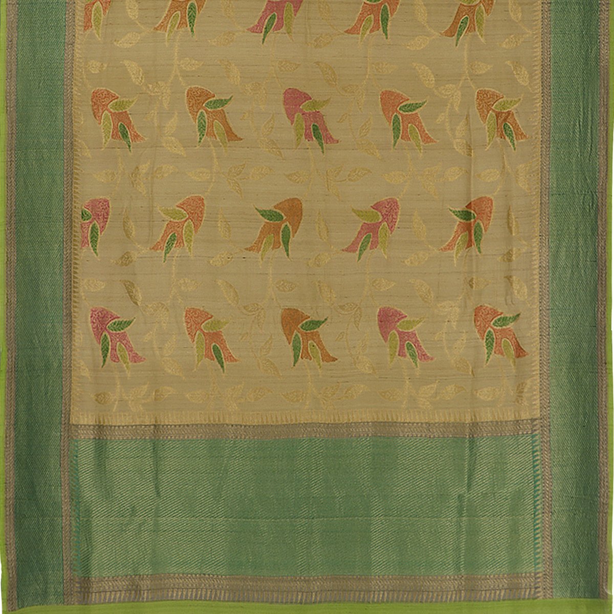 Handwoven Banarasi Khadi Tussar Beige Silk Sari - WIIEDT3446 07- Full View