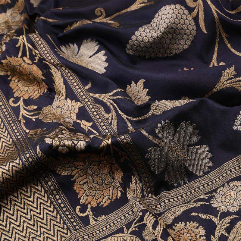 Handwoven Indigo Banarasi Silk Sari - WIIBT0100 - Fabric View 2