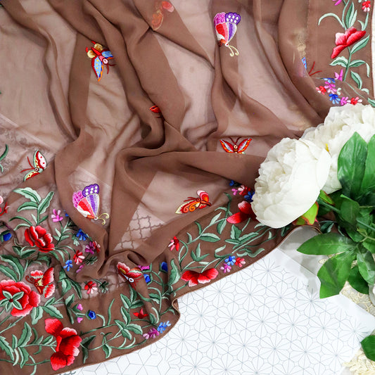 Brown Hand Embroidered Parsigara Saree -Pre Order