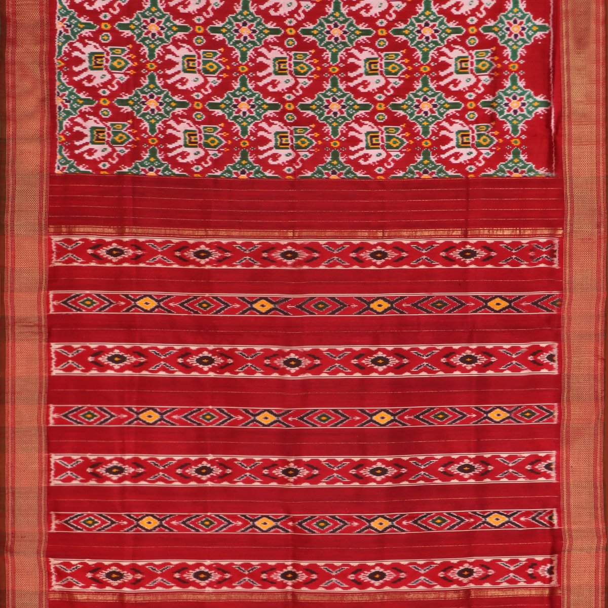 Handwoven Vermilion Red Single Ikat Twill Silk Sari With Kanjivaram Border-WIIGS033 - Full View