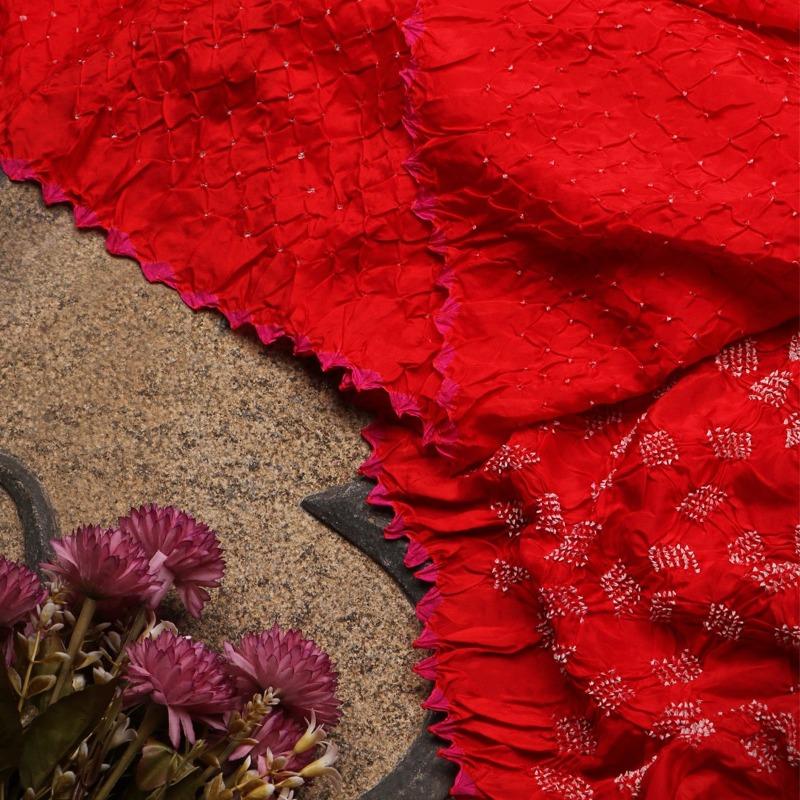 Handwoven Chilli Red Bandhini Habutai Silk Sari - PREBDN004- Mood View