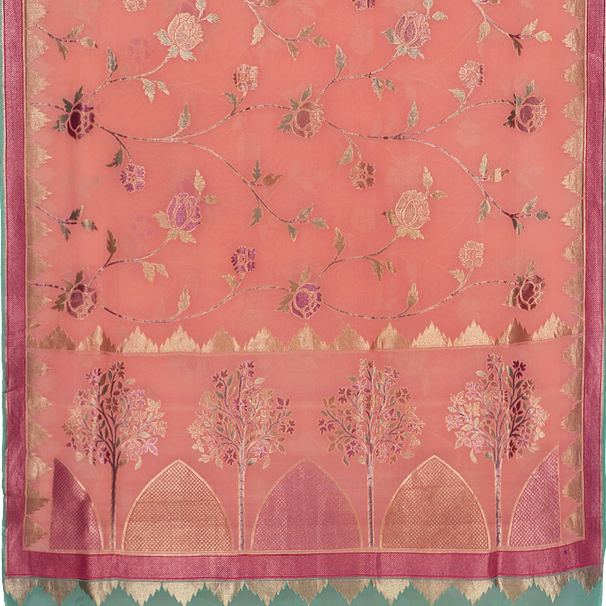 Handwoven Coral Banarasi Pure Silk Georgette Sari - WIIEDT3466 08 - Full View