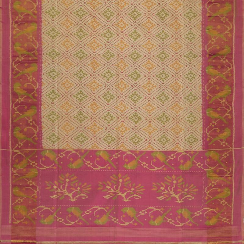 Handwoven Ecru Single Ikat Patola Silk Sari - WIIPATANARIDNAM1101118 - Full View