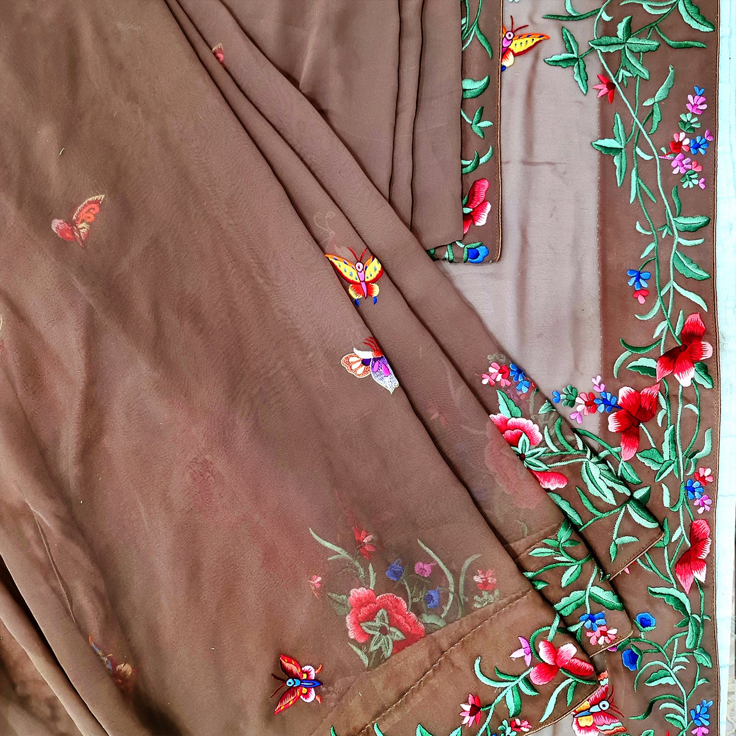Brown Hand Embroidered Parsigara Saree -Pre Order