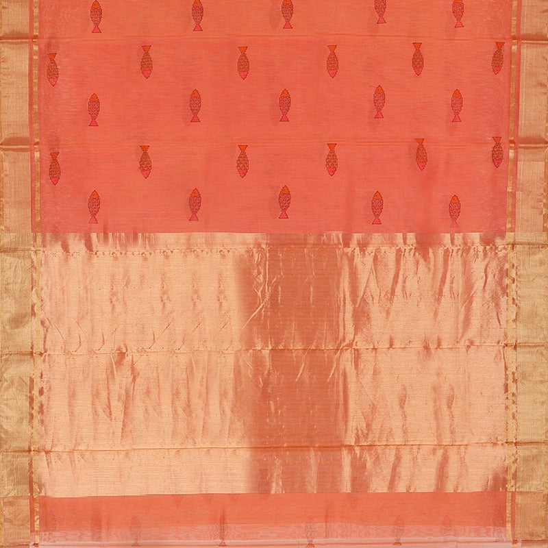 Handwoven Papaya Orange Silk Chanderi Sari - WIIAPRI CPSR0004 - Full View