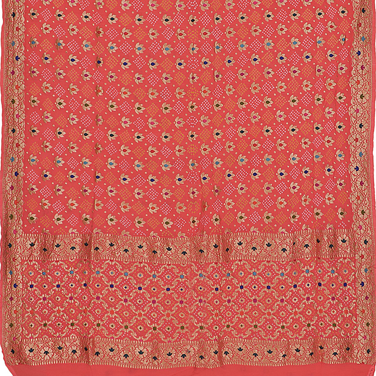 Handwoven Coral Banarasi Bandhani  Meenakari Georgette Sari - WIIAJB092-B - Full View
