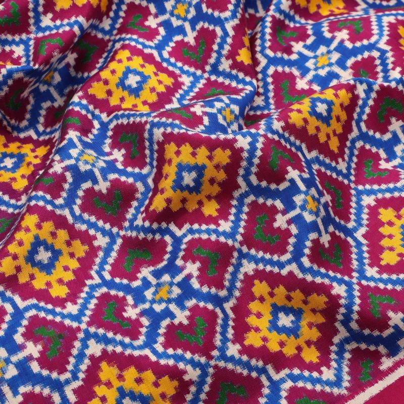 Handwoven Fuchsia Pink Double Ikat Patan Patola Silk Sari - WIIPP085 - Fabric View