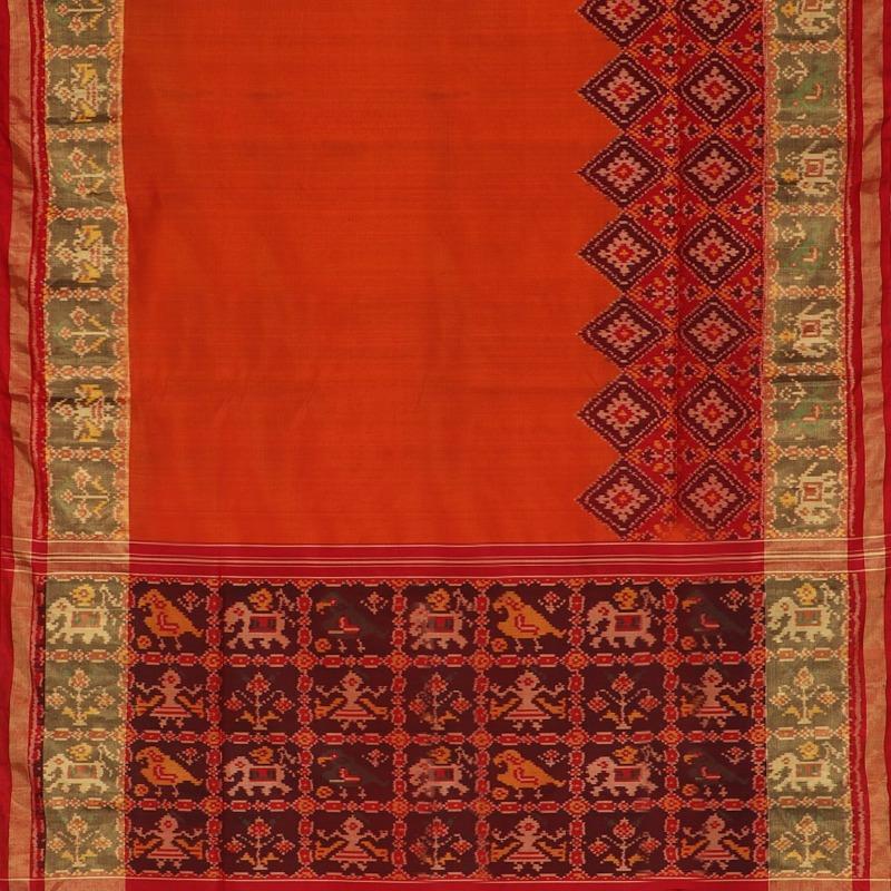 Orange and Red Single Ikat Patola Saree - WeaveinIndia