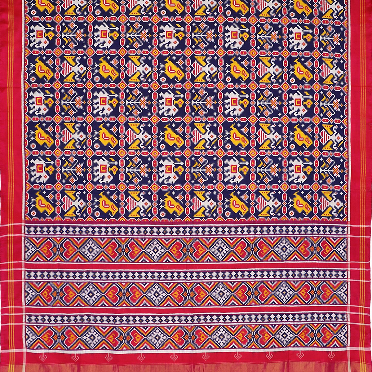 Handwoven Navy Blue Nari-Kunjar 4 Figure Motif Patan Patola Ikat Sari - WIITNKP001 - Full View