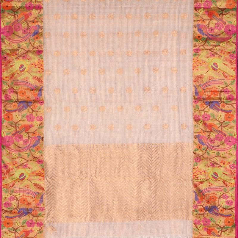 Handwoven Ecru Butta Kota Silk Sari - WIINRM039 - Full View