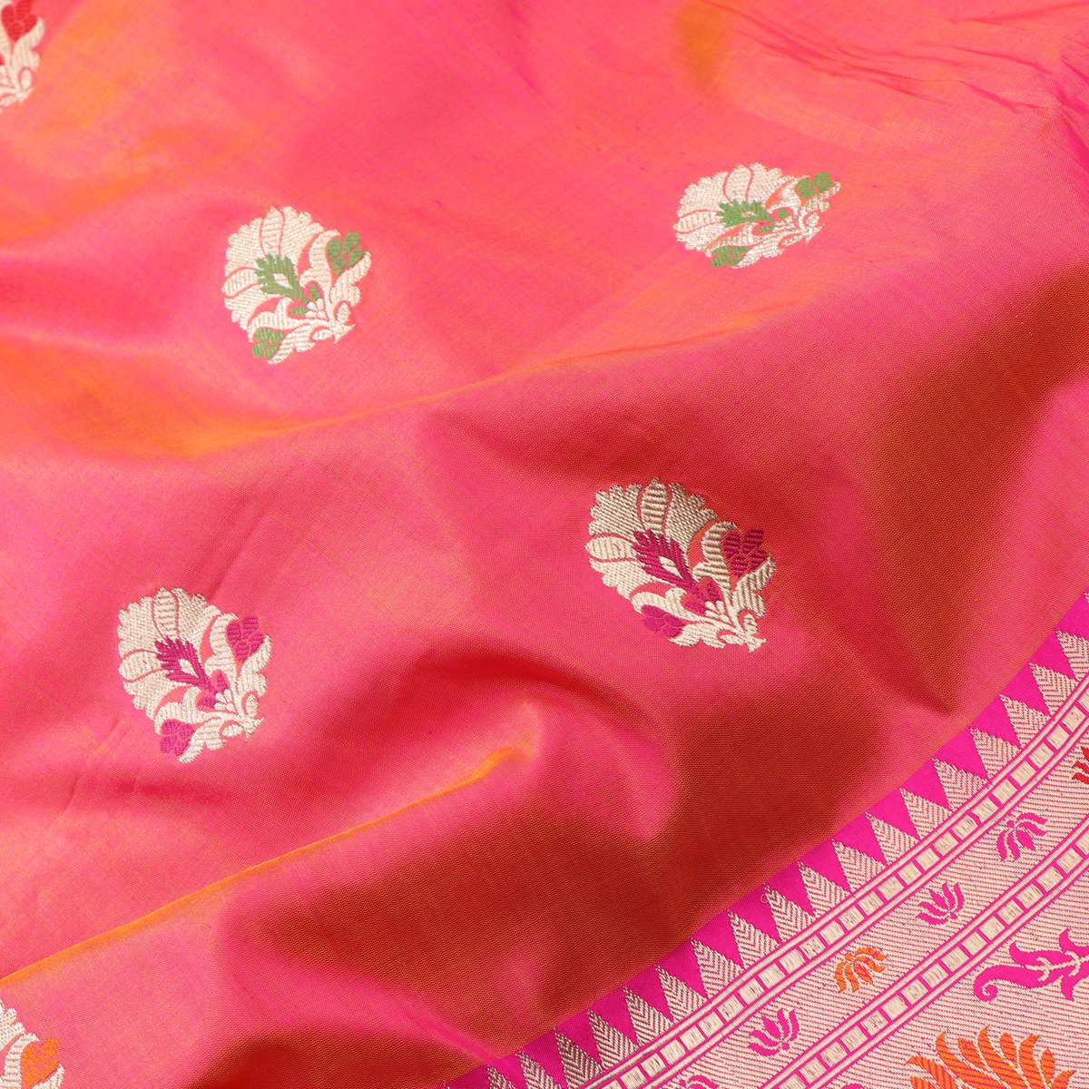 Handwoven Bright Pink Banarasi Silk Sari - WIIBT0051 - Design View
