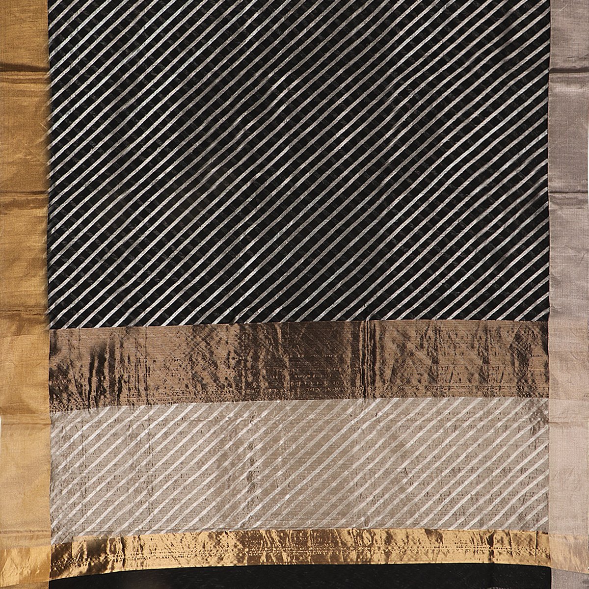 Handwoven Black And Silver Diagonal Stripes Silk Cotton Chanderi Sari - WIIAPRI CFJS(6) - Full View
