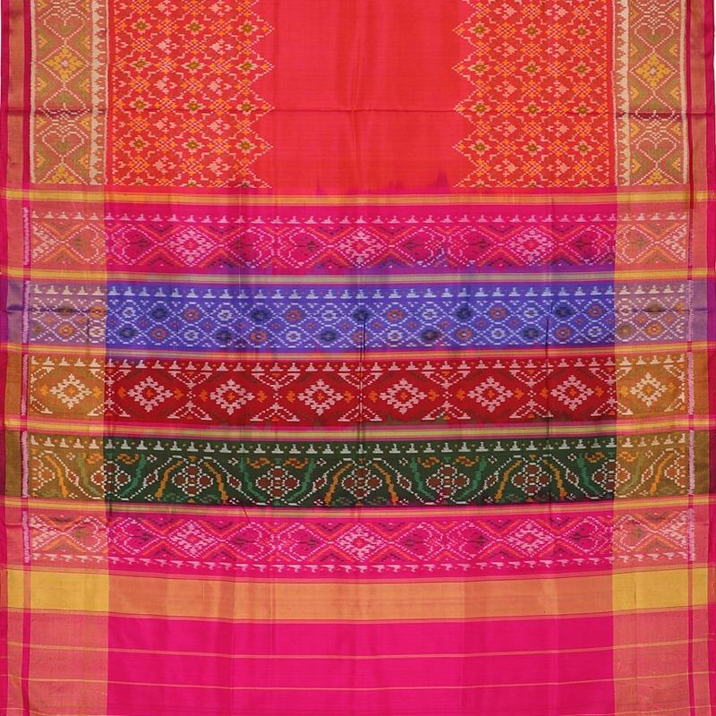 Handwoven Coral Pink Patola Double Ikat Silk Sari - WIIPATANARIDNAM2980219A - Full View