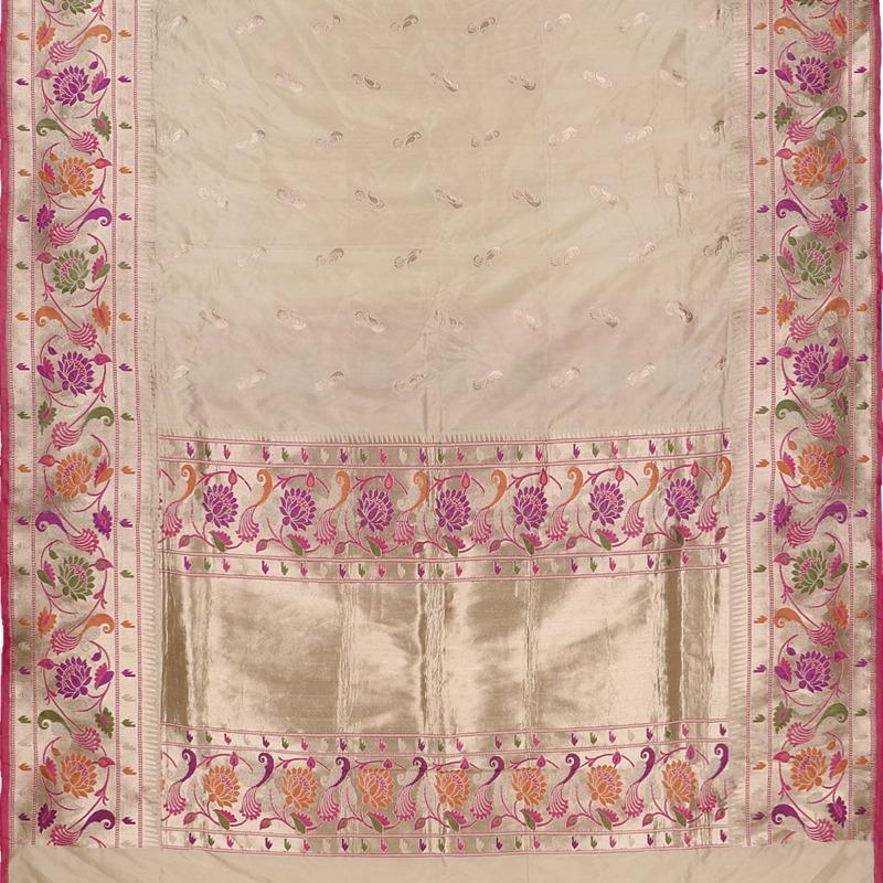 Handwoven Ecru Banarasi Paithani Floral Foliate Silk Sari - WIIRJ990002 - Full View