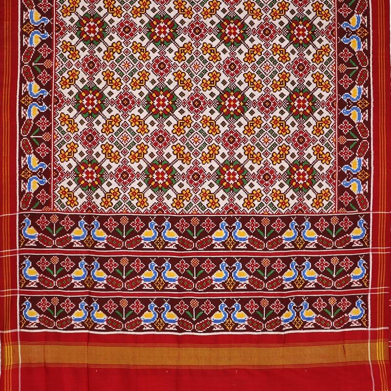 Handwoven Madder Red and White Navaratna Patan Patola Sari - WIITNKP007 - Full View