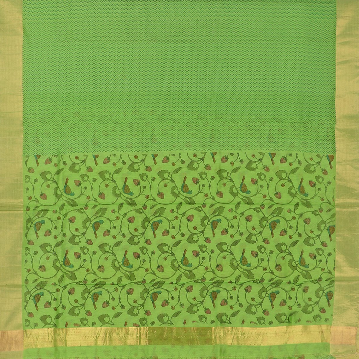 Handwoven Parrot Green Printed Silk Cotton Chanderi Sari - WIIAPRI CPSR0003 - Full View