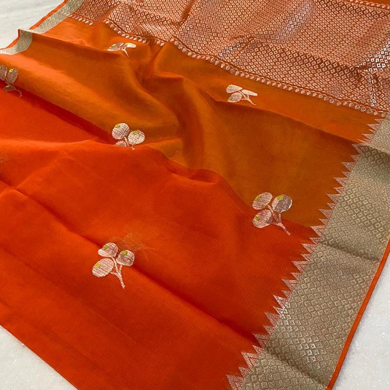 Orange Kota Silk Saree - WeaveinIndia
