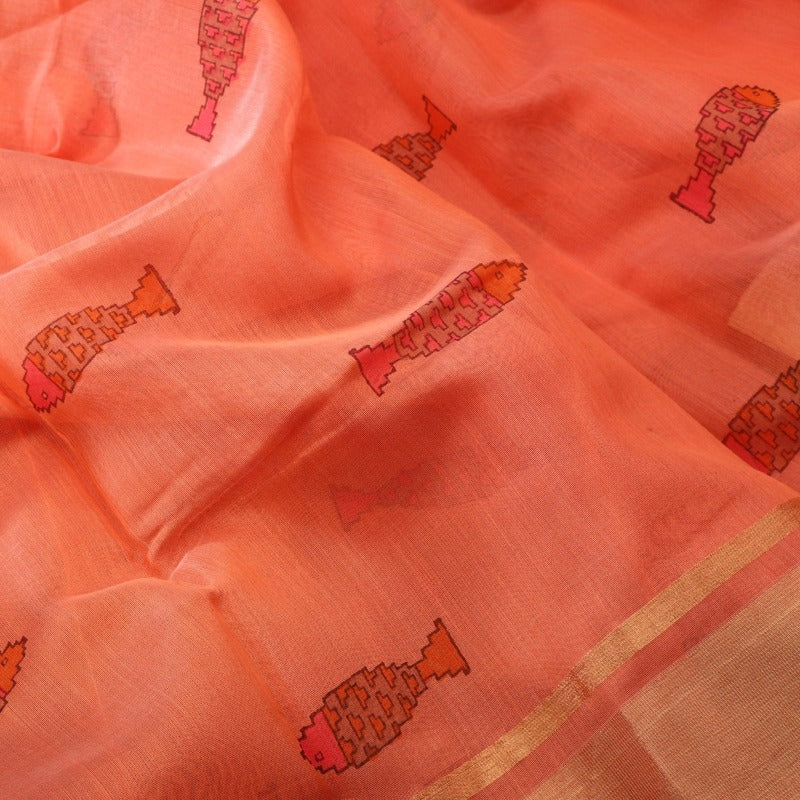 Handwoven Papaya Orange Silk Cotton Chanderi Sari - WIIAPRI CPSR0004 - Fabric View