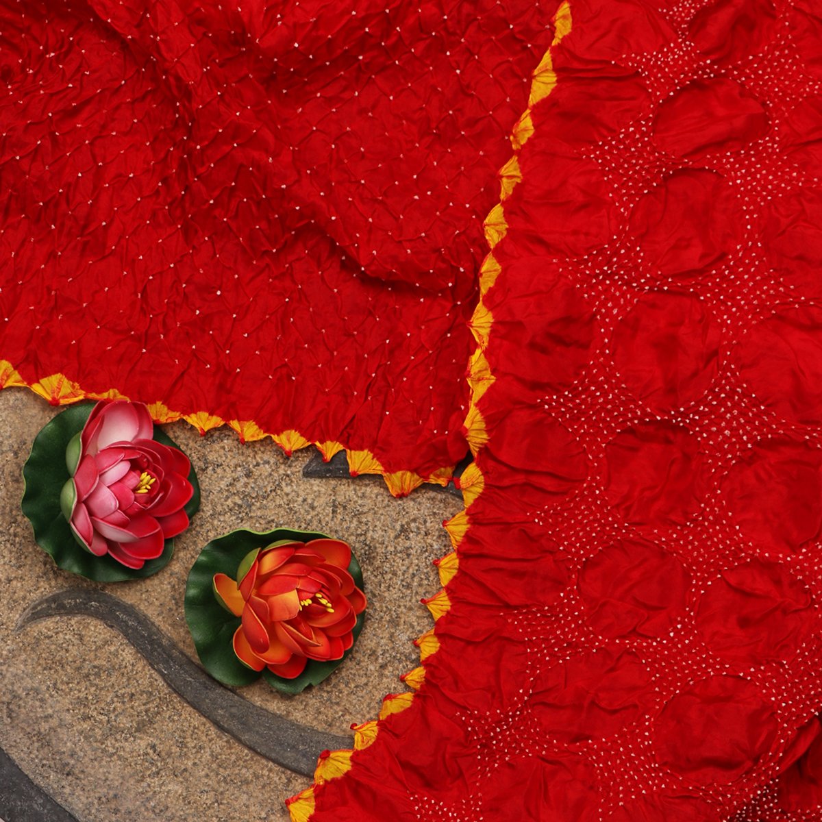 Handwoven Tomato Red Bandhani Habutai Silk Sari - WIIAJB268 121(2) - Full View