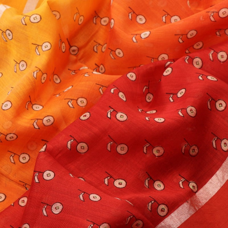Handwoven Tangerine Orange Printed Silk Cotton Chanderi Sari - WIIAPRI CPSR0005 - Fabric View