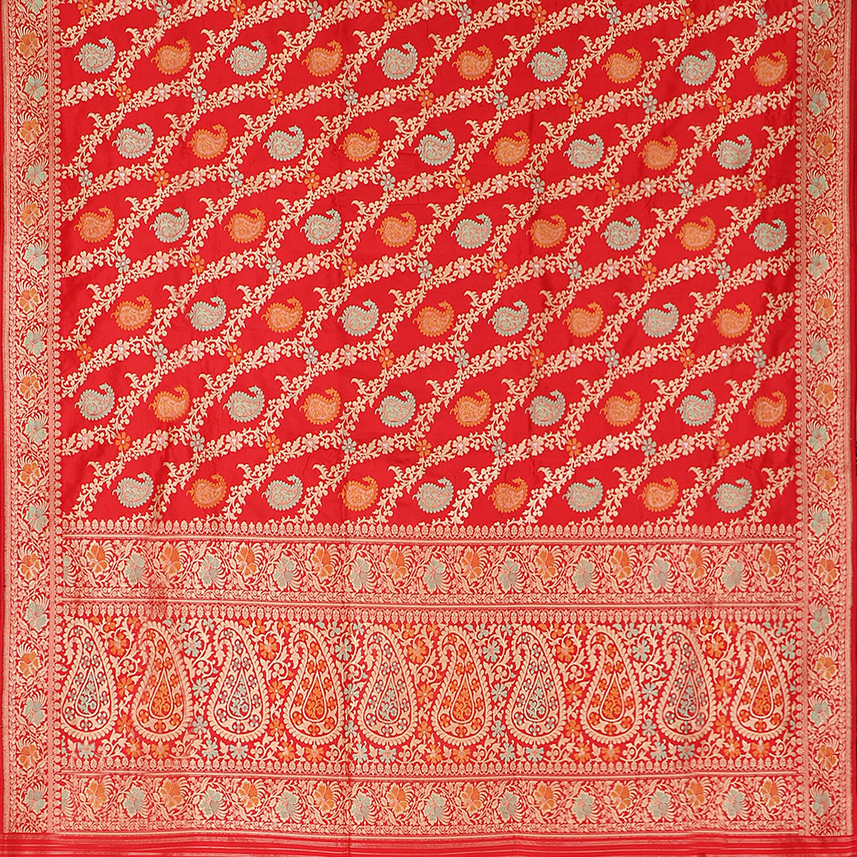 Handwoven Sindoori Red Keriya Banarasi Silk Sari - WIIBT0085 - Full View