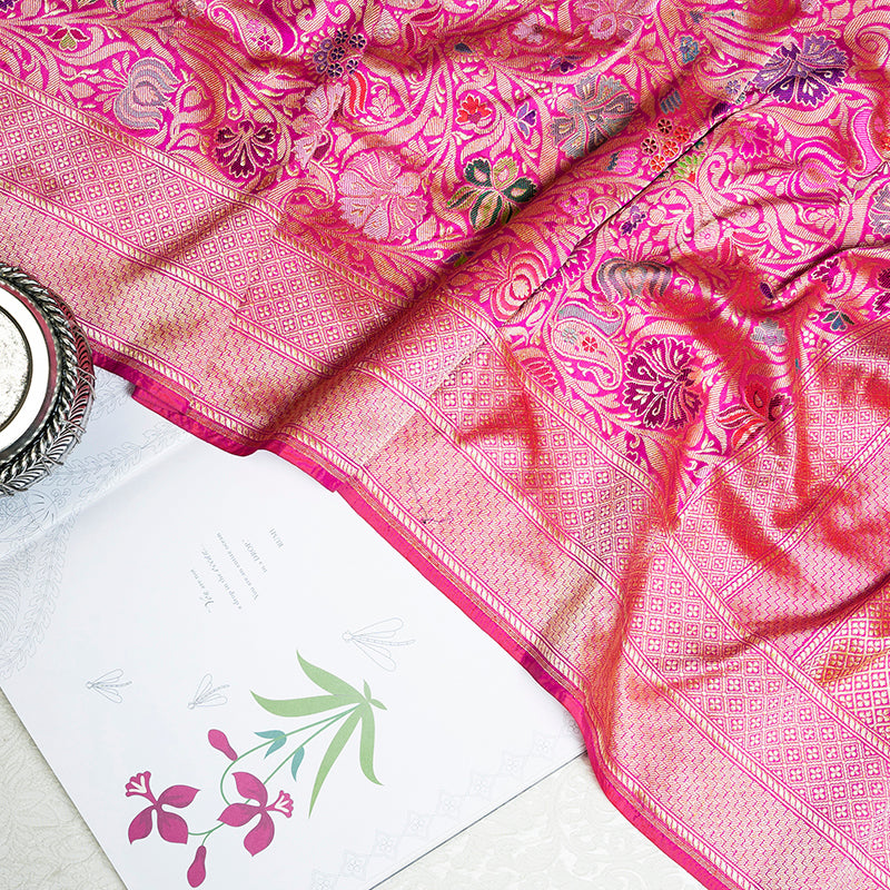 Pink Pure Zari Banarasi Silk Saree
