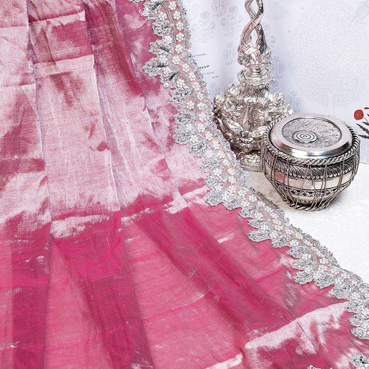 Blush Pink Chanderi Tissue Silk Hand Embroidered Saree - Pre Order
