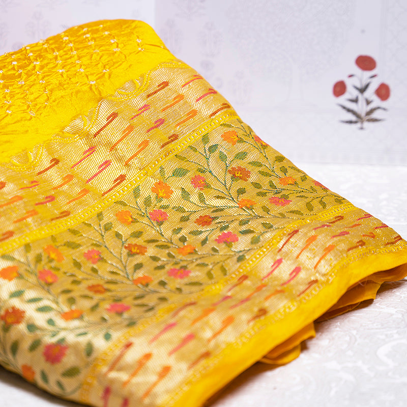 Yellow Bandhani Meenakari Border Saree
