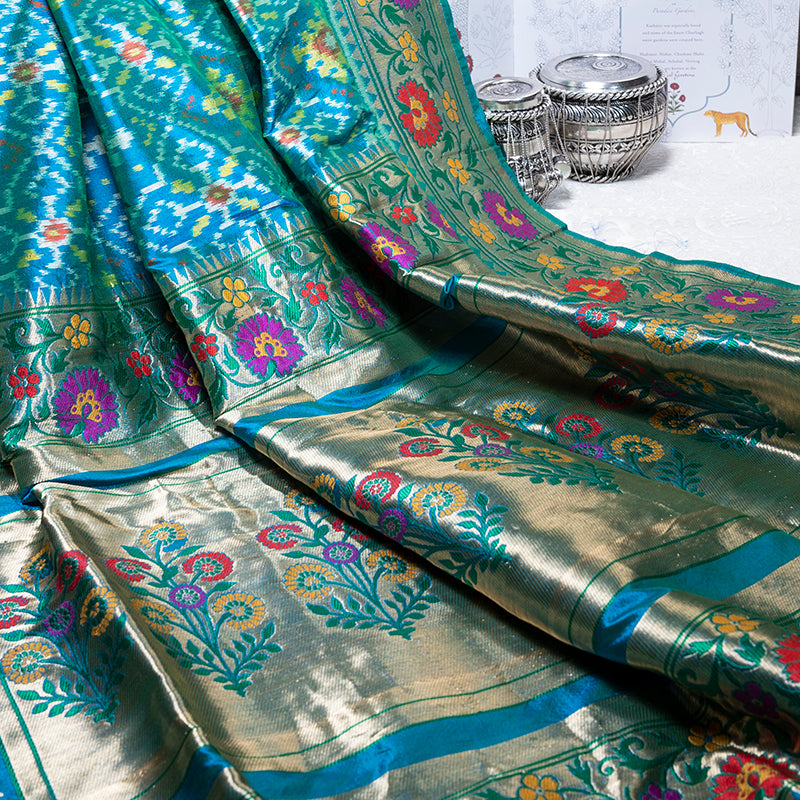Turquoise Banarasi Patola Ashavali Border Saree