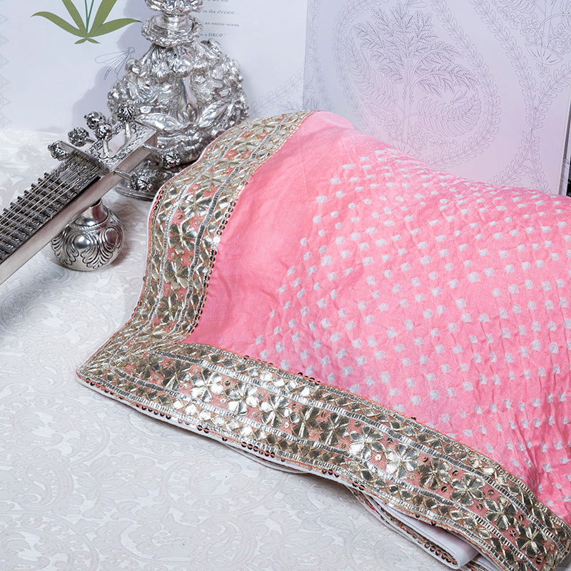 Peach Hand Embroidered Bandhani Saree