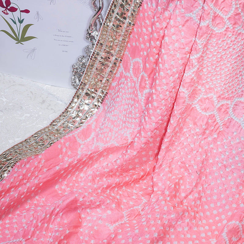 Peach Hand Embroidered Bandhani Saree