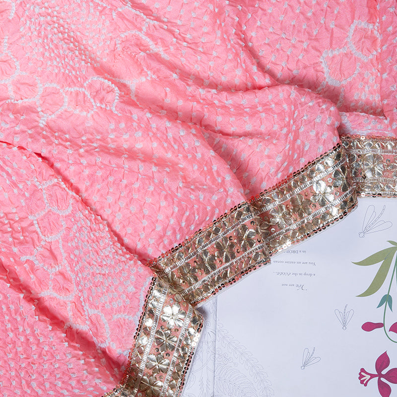 Peach Hand Embroidered Bandhani Saree