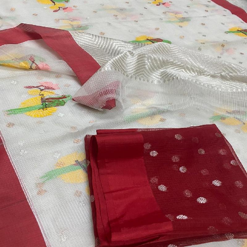 White Kota Silk Saree - WeaveinIndia